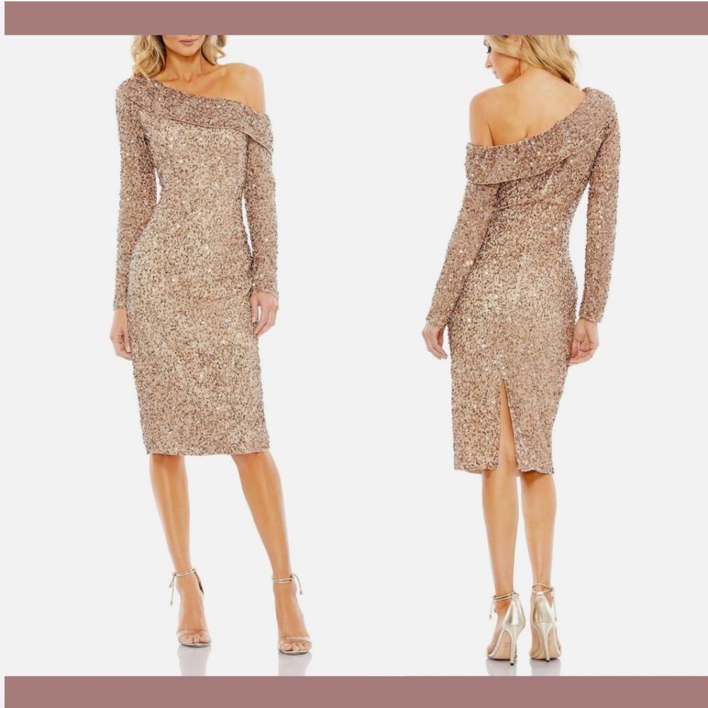 NWT $398 Mac Duggal [ 8 ] Long Sleeve Sequin Off Shoulder Midi Dress Copper Q469